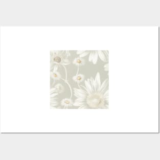 Antique Vintage White Ivory Daisy Floral Illustration Posters and Art